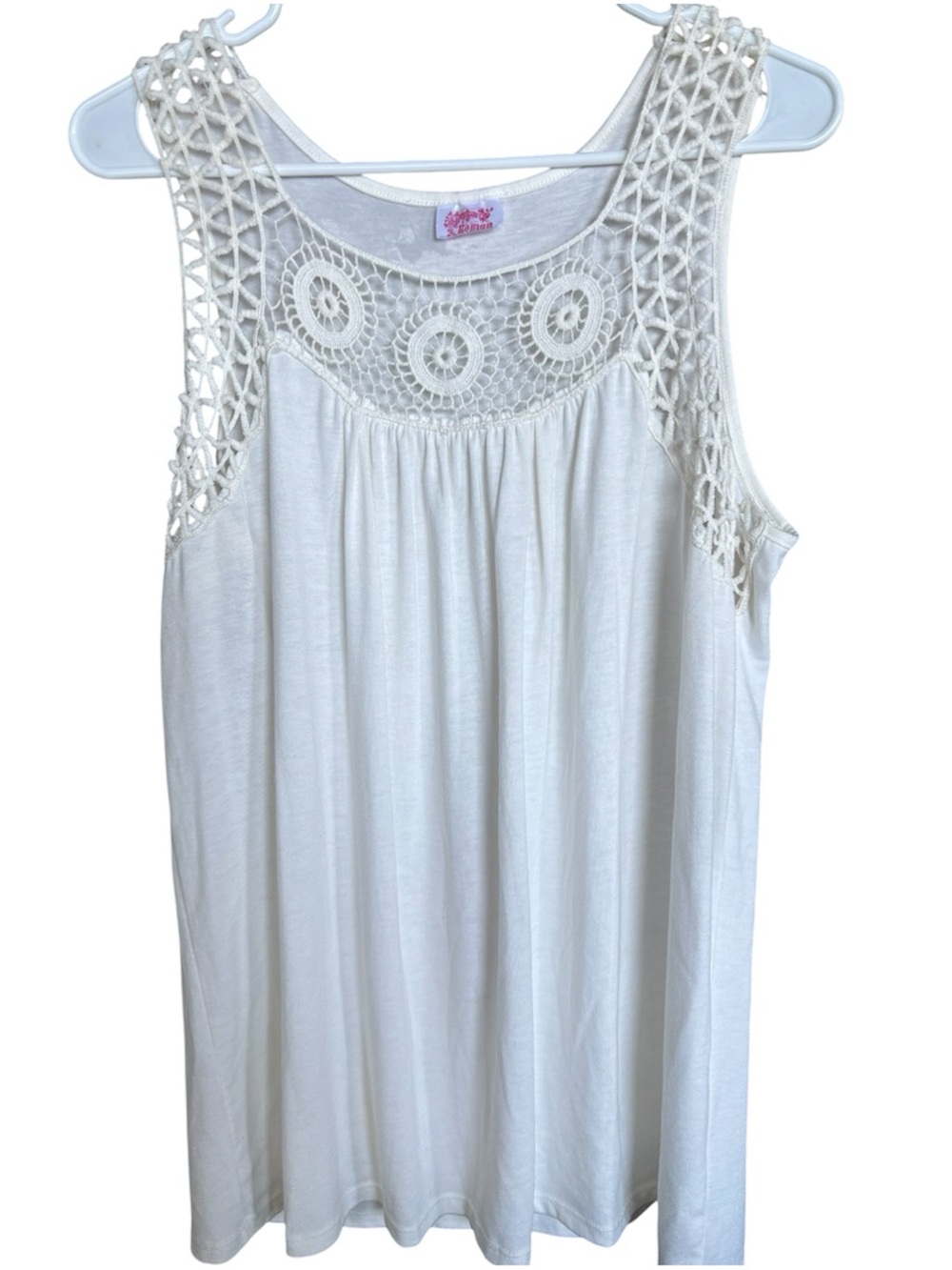 Women's white sleeveless top with crochet scoop neck. Brand is Ramon, size M.
